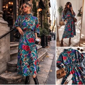 Vintage 90s SYNARI Floral Matching Set Maxi Skirt & Mock Neck Top Made USA